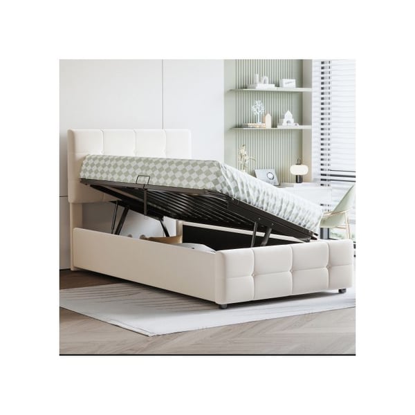 Barnsäng - MUVOE - 90x200 cm - Hydraulisk förvaring - Justerbar huvudgavel - Beige