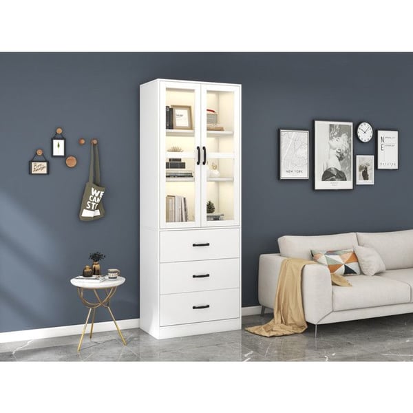 Vitrine - MUVOE - 200 cm - Hvid - 3 skuffer - 2 glasdøre - Multifarvet LED-belysning Vitrine - MUVOE - 200 cm - Hvid - 3 skuffer - 2 glasdøre - Multifarvet LED-belysning