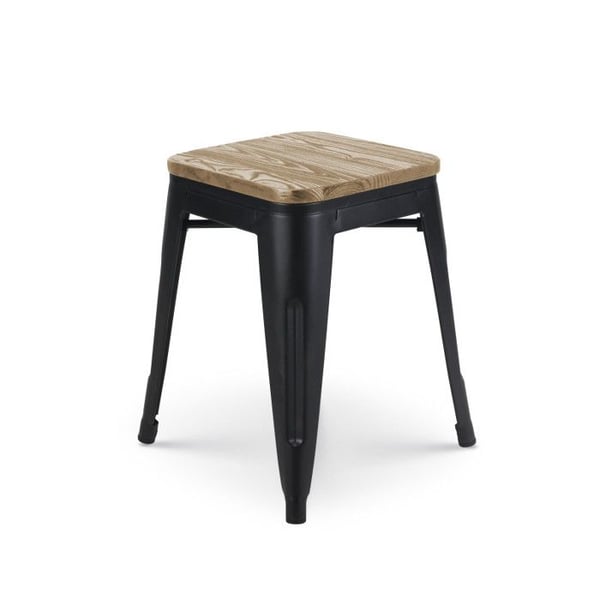 Svart metallpall i industristil med sits i ljus trä - Utan ryggstöd - Höjd 46 cm