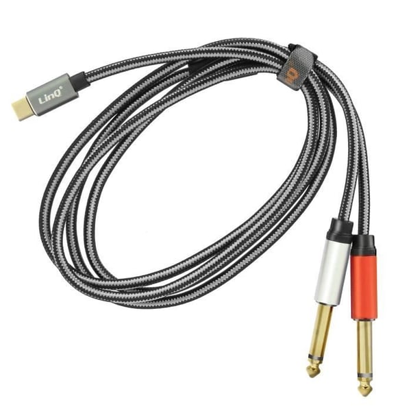 Splitterkabel USB-C till 2x jack 6,35 mm hane nylon flätad 1,5 m LinQ grå