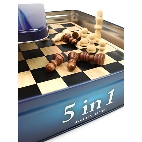 Metalllåda 5 spel i 1 - TAKTIK - Schack, dam, backgammon, dominobrickor och tic-tac-toe