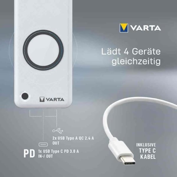 Externt batteri - VARTA - Power Bank - 15000 mAh - Trådlös - USB Typ C