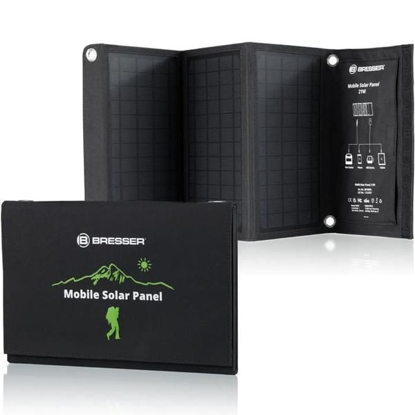 Bärbar Solcellsladdare - Bresser - Svart - 21W - USB-A och DC - Kompakt och Praktisk