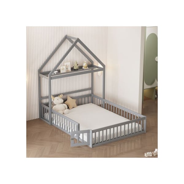 Baby seng 140 x 200 med opbevaringsplads, integrerede sikkerhedsskinner, dør og lamelbund, grå