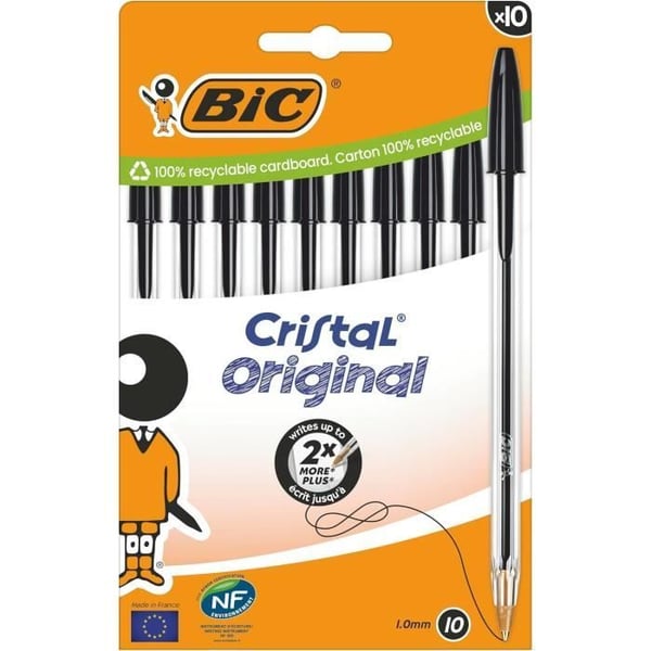 Kulpenna - BIC - Cristal Original - Förpackning med 10 - Svart färg - Fin spets 0,32 mm