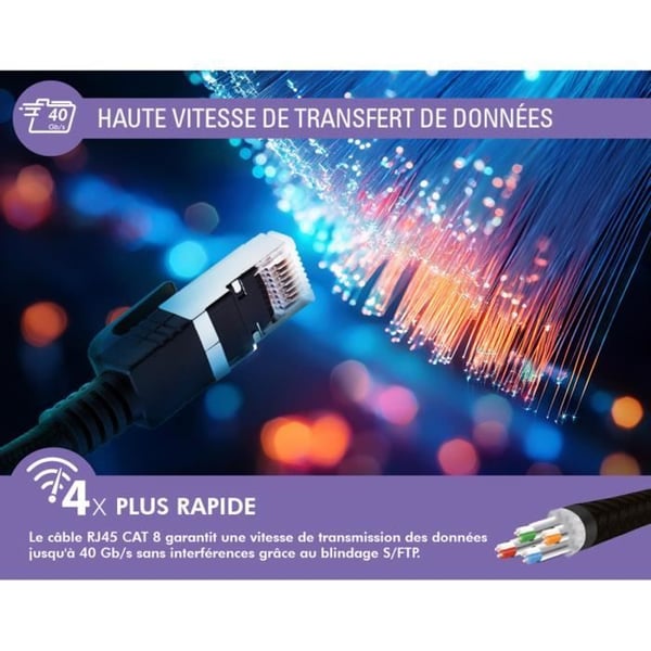 Ethernetkabel RJ45 - CAT 8 - 10m - Dubbel skärmning S-FTP - Hastighet 40 Gb/s - Flätad
