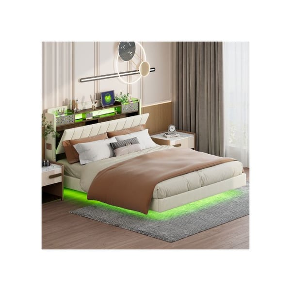 Polstret sänggavel - MUVOE - 160x200 cm - LED-belysning - USB-uttag - Linneduk i beige
