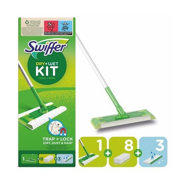 Swiffer Golvmoppsstartset: 1 skaft, 8 torra våtservetter och 3 fuktiga våtservetter