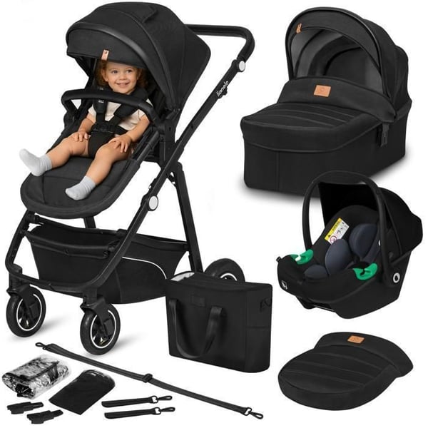 Poussette 3 i 1 LIONELO Bianka - Upp till 22 kg - Paket med barnvagn, liggdel, bilstol, väska och tillbehör - Svart