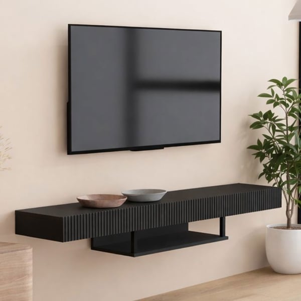 DESIGN AMEUBLEMENT - Väggmonterad TV-möbel RENZO - Matt svart - 3D-relief - 1 låda - L 150 cm