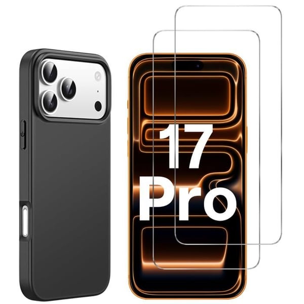 Svart skal för iPhone 17 PRO och 2 härdade glas skyddande skärmskydd Phonillico®
