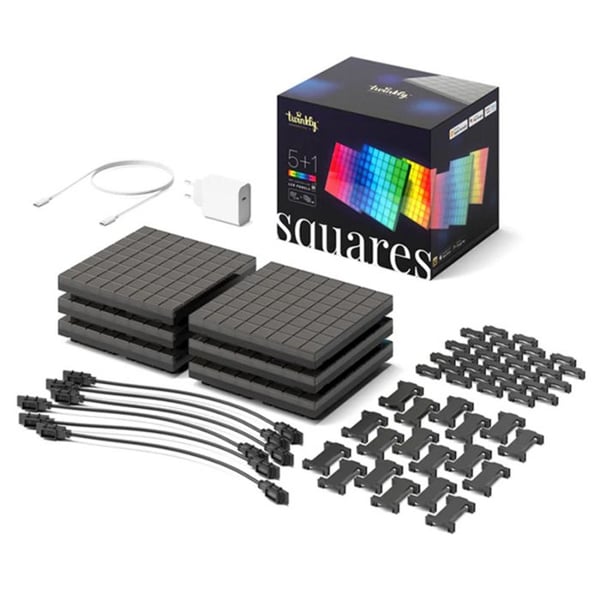 LED-paneler - Twinkly - Squares Starter Kit - 1 huvudplatta + 5 plattor - 64 RGB-pixlar - svart