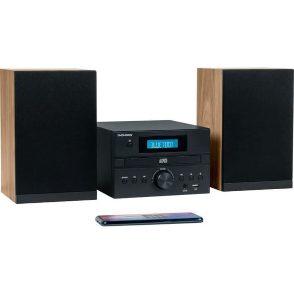 Bluetooth mikrosystem - THOMSON - Trä/Svart - FM/CD/MP3/USB-radio, 20W RMS, FM RDS-tuner, Hörlursuttag, Fjärrkontroll, Strömförsörjning. 230V
