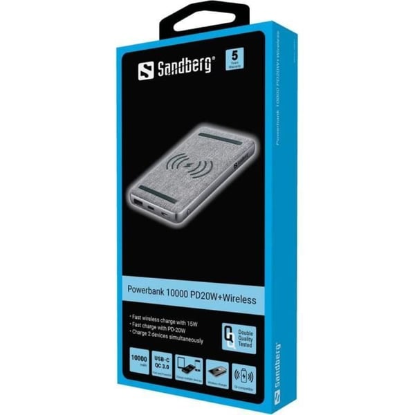 Powerbank - SANDBERG - 1000 PD 20W - 10000 mAh - Snabbladdning - Kompatibel Qi