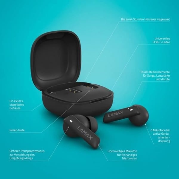 In-ear høretelefoner - Lamax - Clips1 ANC - Bluetooth 5.3 - 44 timers batterilevetid - Aktiv støjreduktion
