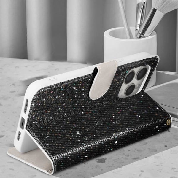 Fodral för iPhone 15 Pro Max Glitter Disco Wallet Video Support - AVIZAR - Svart - Hård - Smidig - Unisex