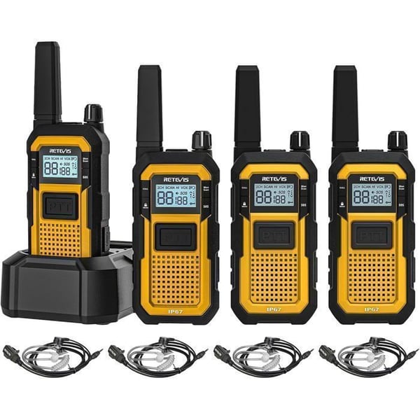 Retevis RB648 Talkie Walkie, Bidirektionell Radio IP67, Dubbel PTT, Vibration SOS, 2000 mAh, med Hörlurar, 4 St, Bygg