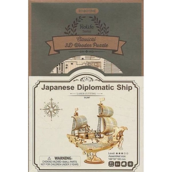 3D træpuslespil - ROBOTIME - Japansk diplomatskib - 91 brikker - Blandet - Beige - Barn