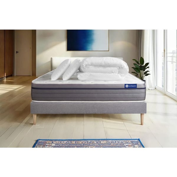 Komplett sängpaket 200x200 cm - Madrass + Sängbotten Grå (i kit) + 2 kuddar + Täcke - Actilatex Ze