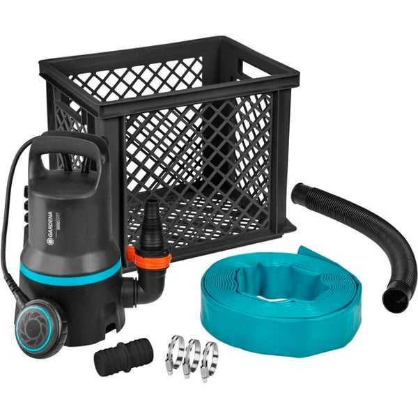 Översvämningskit - GARDENA - 9000 - 10 m tryckslang + 29 L låda - 9000 l/h - 300 W - Med tillbehör