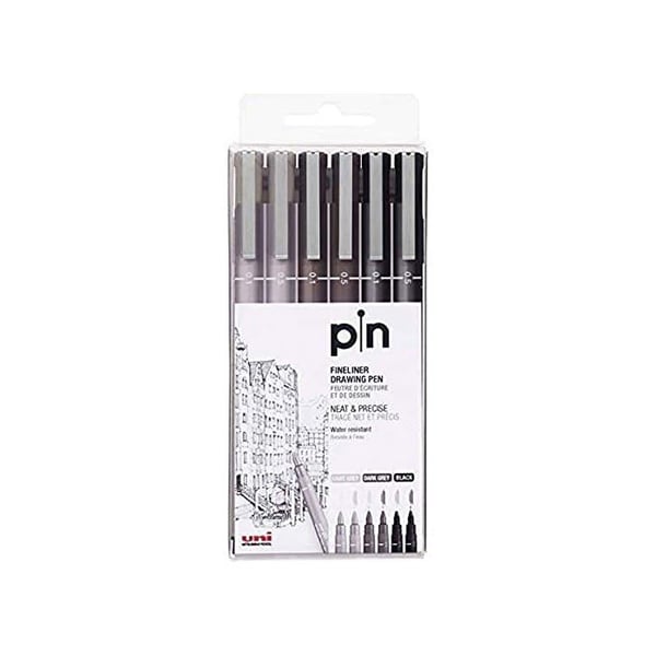 Kalibrerade markörer - uni-ball - Set med 6 - Uni Pin Fineliner Pennor - Grå och Svart - 0.05 mm, 0.1 mm - Vattentålig