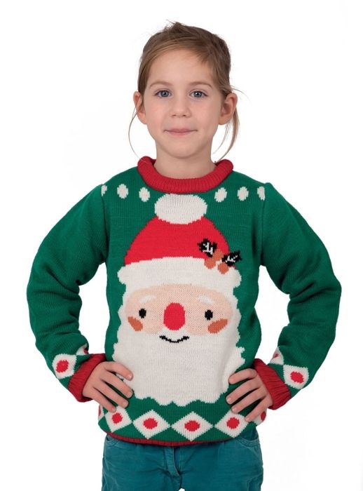 Jultröja - LILLA CLOWN - re48138 - Grön - Jultomteansikte - Storlek 10/12 år