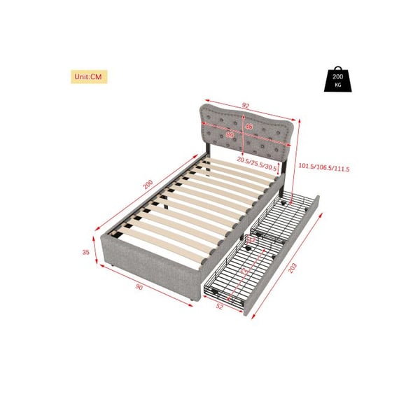 Lit - MUVOE - 90x200 cm - Polstret - Opbevaringsskuffer - Moderne design