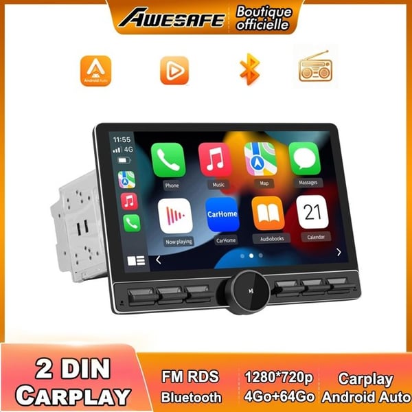 AWESAFE Bilradio 2 din Android 13 Universell Bilmodeller 10.6 Tum Skärm med GPS Carplay Android Auto 4G WiFi 4GB+64GB