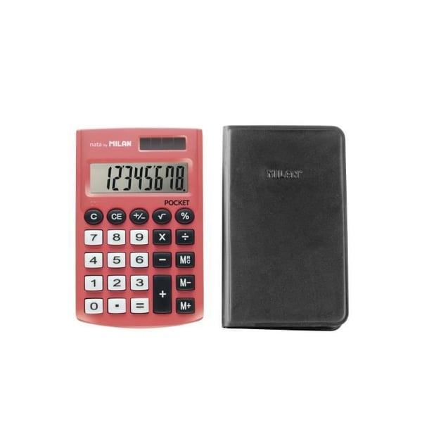 Pocket kalkylator - Röd - 8 siffror - Fodral inkluderat - Dubbel strömförsörjning