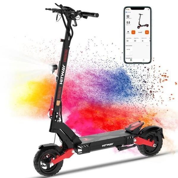 HITWAY Elektrisk Fällbar Sparkcykel - 10" Luftfyllda Däck - 1600W Max - APP - Batteri 48V 20.8Ah - Svart&Röd Scooter