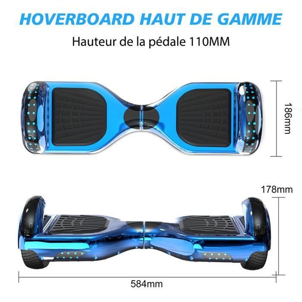 Hoverboard 6.5 Tommer med Bluetooth og LED - RCB - Perfekt Gave til Børn Blå Krom