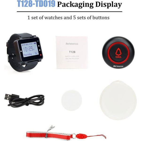 Retecess T128-TD019 trådlös personsökare, klocka för trådlöst samtalssystem, för restauranger, kaféer och hotell (5 knappar)