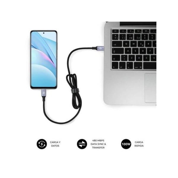 USB-C-kabel - SUBBLIM - Över 100W - 2m - Flätad nylon - E-Marker