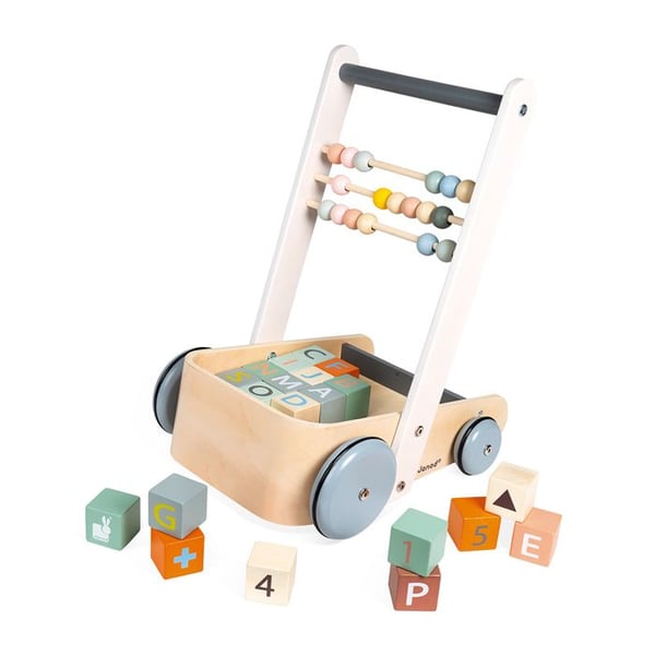 Gåvogn ABC Sweet Cocoon - JANOD - Træ - 20 terninger med tal og bogstaver - Abacus