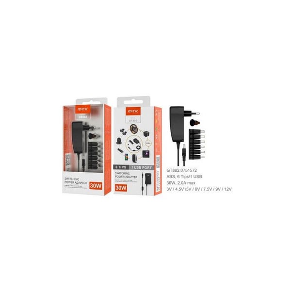 Universell laddare BM 24W med 1 USB 6W- 3V- 12V- 2A- 6 munstycken- GT882