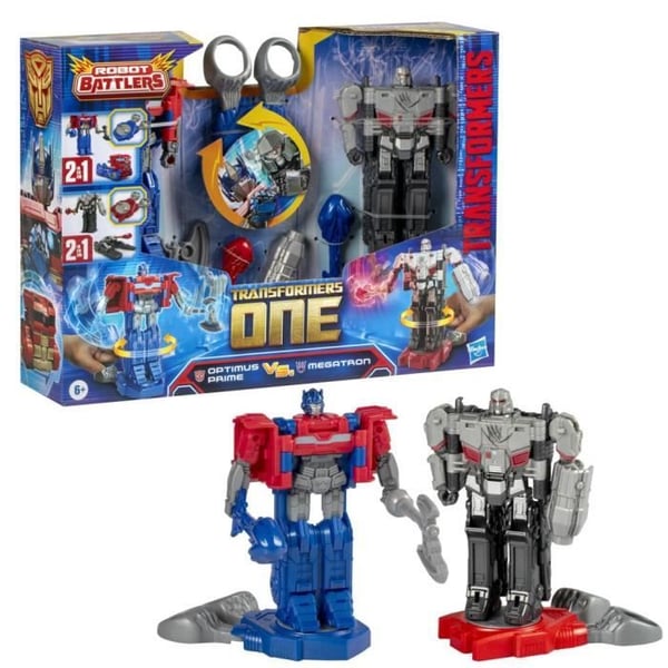 Paket med 2 Optimus Prime (Orion Pax) och Megatron (D-16) 11 cm figurer, leksaker från 6 år, Transformers One Robot Battlers