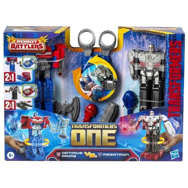 Paket med 2 Optimus Prime (Orion Pax) och Megatron (D-16) 11 cm figurer, leksaker från 6 år, Transformers One Robot Battlers