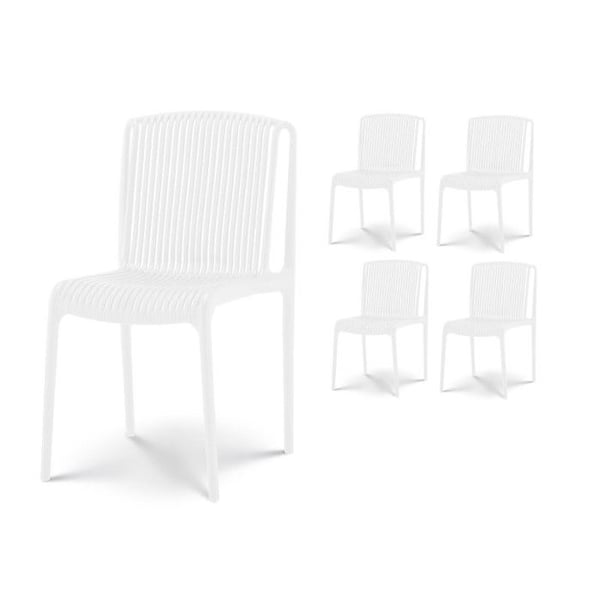 Set med 4 vita trädgårds- eller terrassstolar i polypropen.