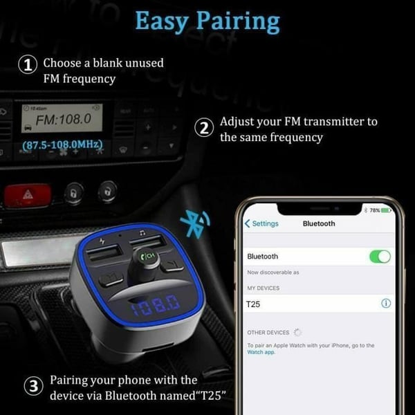 Trådløs FM-sender - Bluetooth - MP3-adapter - USB-oplader - Håndfri - Hvid