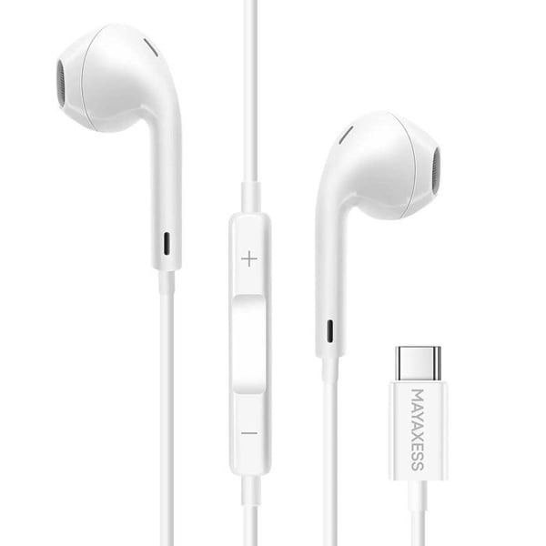 USB-C trådade hörlurar - MAYAXESS - Vit - Inbyggd mikrofon - Optimal komfort - Kompatibel med iPhone 17