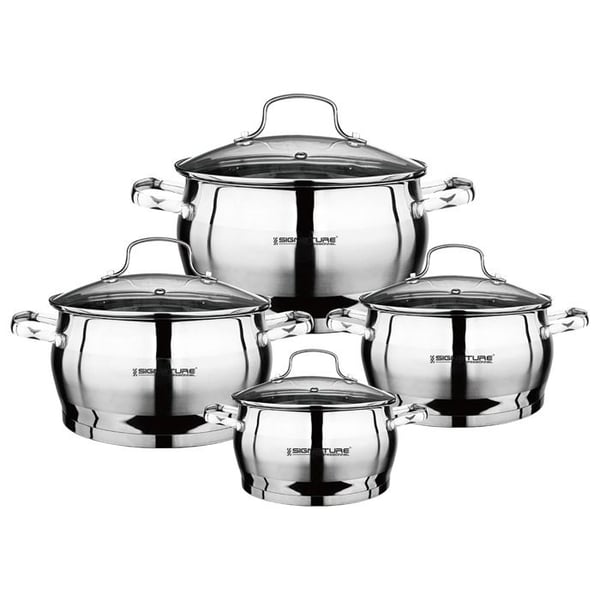Set med 4 grytor 16 / 20 / 24 / 28cm i rostfritt stål med signaturlock i silver