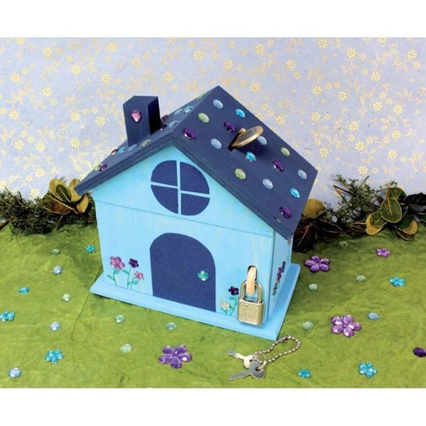 MégaCréa DIY - Trä sparbössa i husform med hänglås 15 x 8 x 14,5 cm