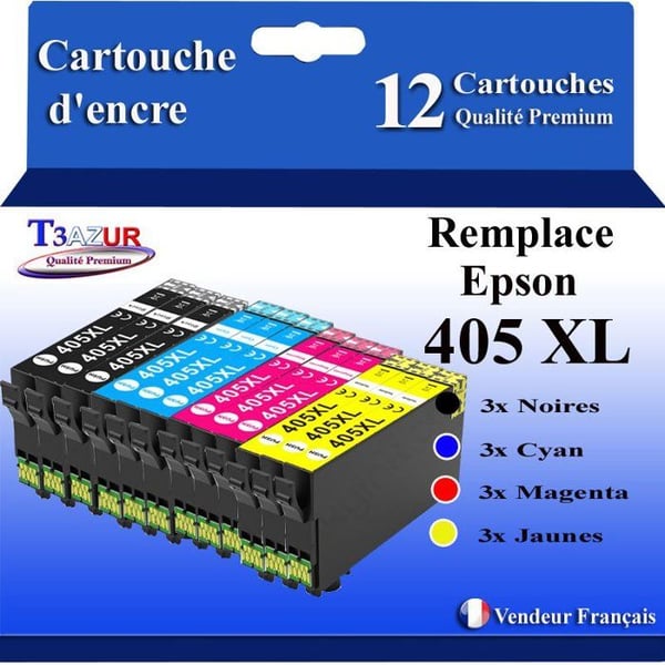 T3AZUR - 12 patroner kompatibla med Epson 405, 405XL för Epson Workforce Pro WF-4800, WF-4820DWF, WF-4825DWF, WF-4830DTWf