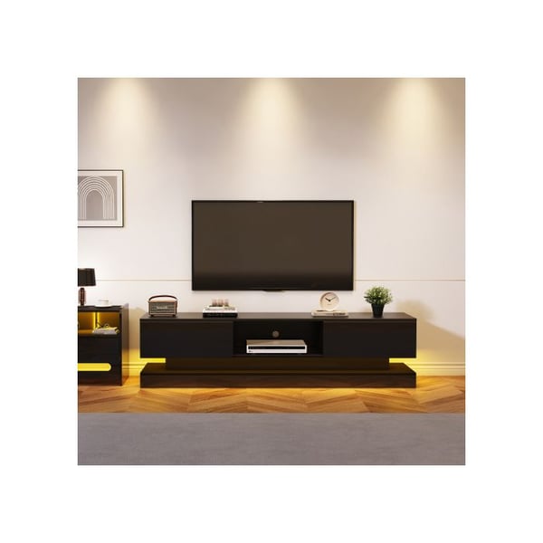 Support TV - MUVOE - 160 cm - Sort højglans - LED belysning - 2 skuffer - App kontrol