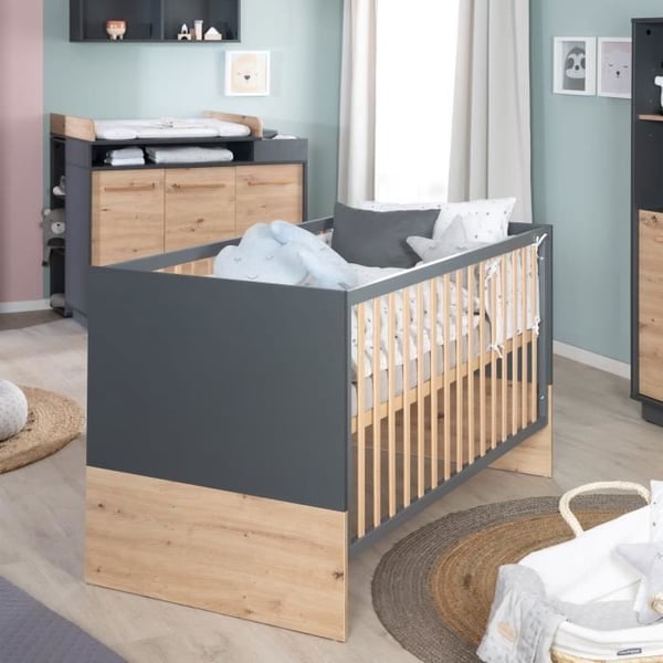 ROBA Evolutiv Barnsäng Lenn Justerbar på 3 Höjder - 70 x 140 cm - Konvertibel till Juniorsäng - Antracit / Trädekor