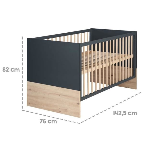 ROBA Evolutiv Barnsäng Lenn Justerbar på 3 Höjder - 70 x 140 cm - Konvertibel till Juniorsäng - Antracit / Trädekor