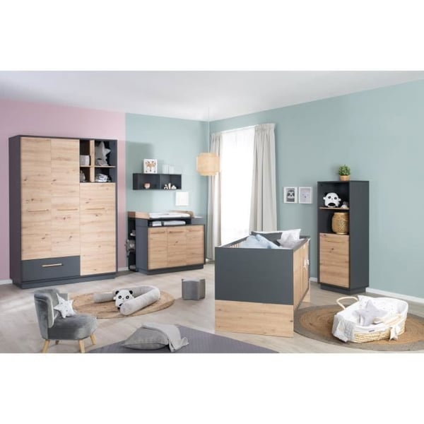 ROBA Evolutiv Barnsäng Lenn Justerbar på 3 Höjder - 70 x 140 cm - Konvertibel till Juniorsäng - Antracit / Trädekor