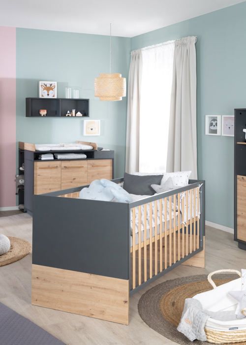 ROBA Evolutiv Barnsäng Lenn Justerbar på 3 Höjder - 70 x 140 cm - Konvertibel till Juniorsäng - Antracit / Trädekor