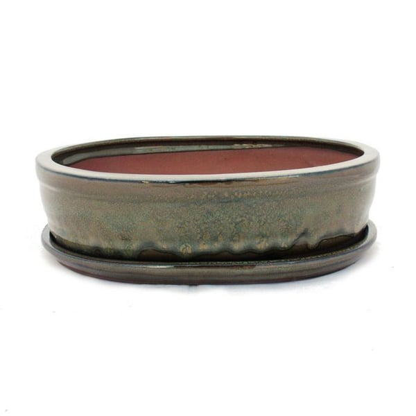 Bonsai-skål med underlag St. 5 - Oliv-brun - oval - Modell O7 - L 31cm - B 24cm - H 7,5 cm