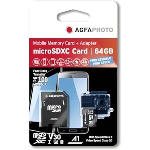 MicroSDXC-kort - AGFAPHOTO - 64GB - UHS I - Hastighet U3 - V30 - A1